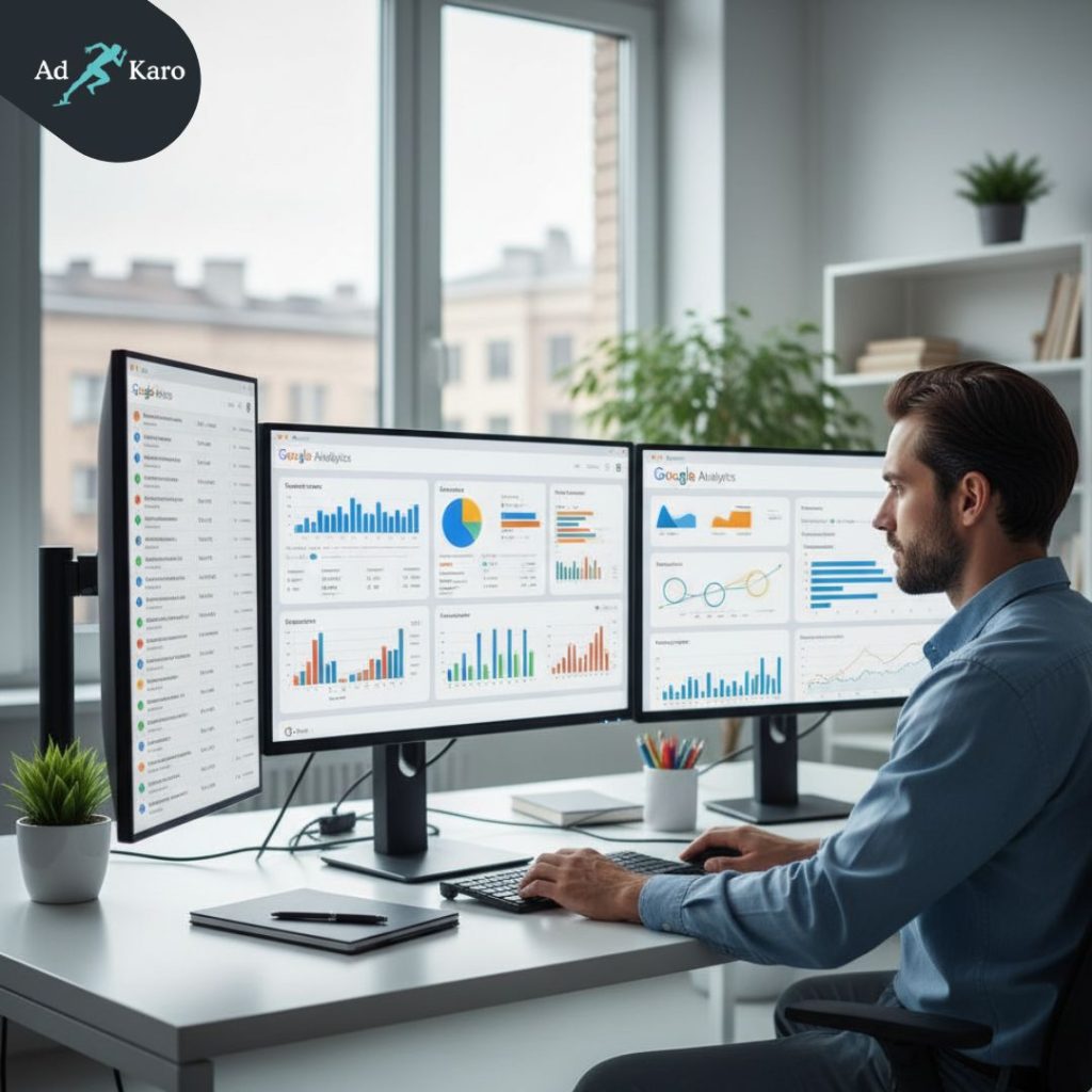 Professional man analyzing SEO analytics and Google data on dual monitors in modern office"