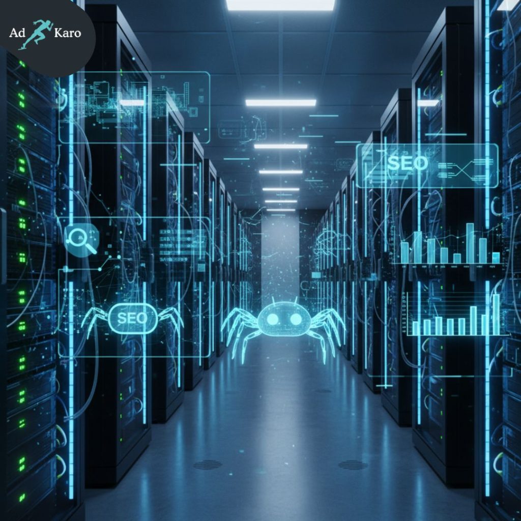 Data center server room with holographic SEO analytics overlays including search icons, spider bots, and performance charts
