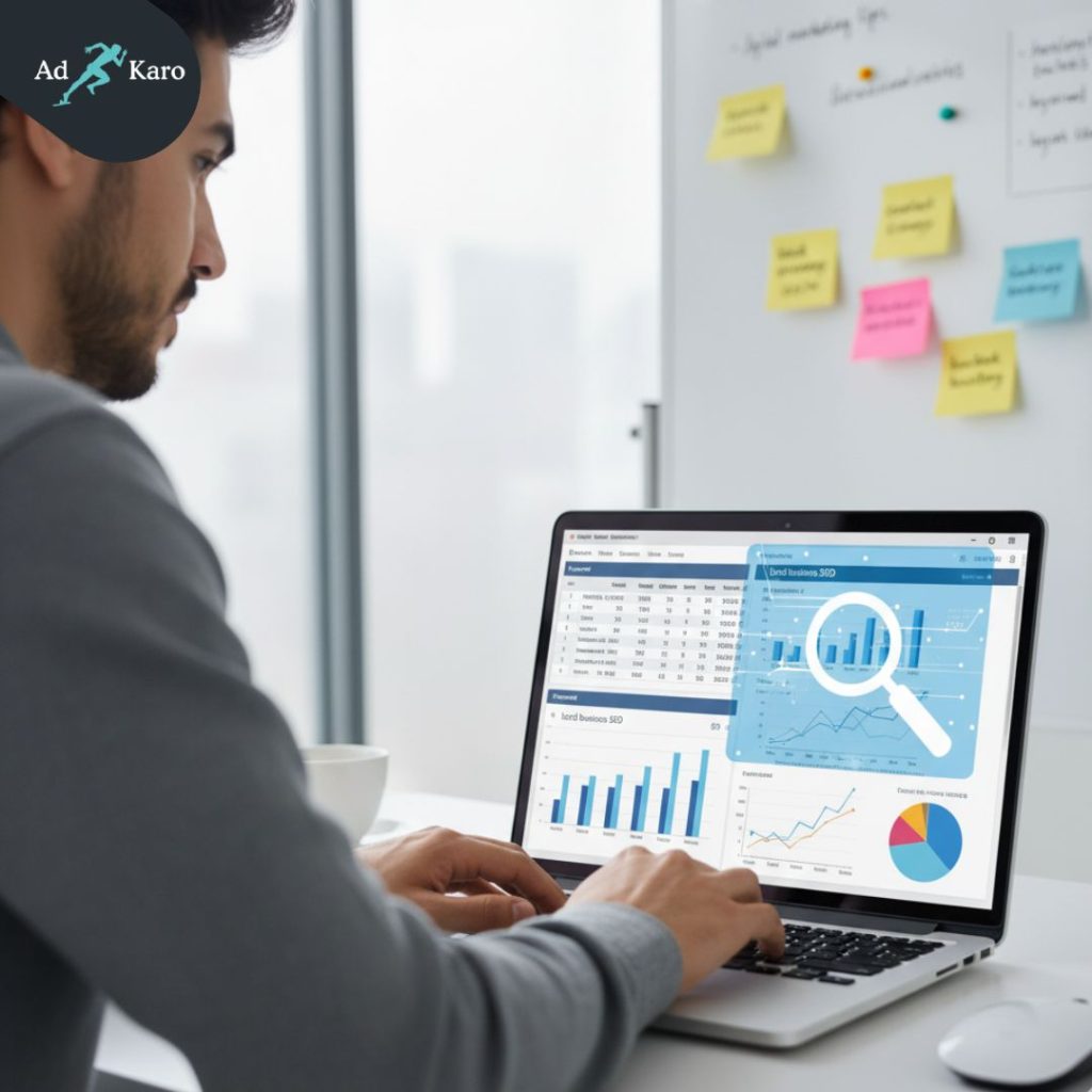 A man analyzing SEO performance data on a laptop, with charts, graphs, and keyword analytics displayed on the screen in a modern office setting