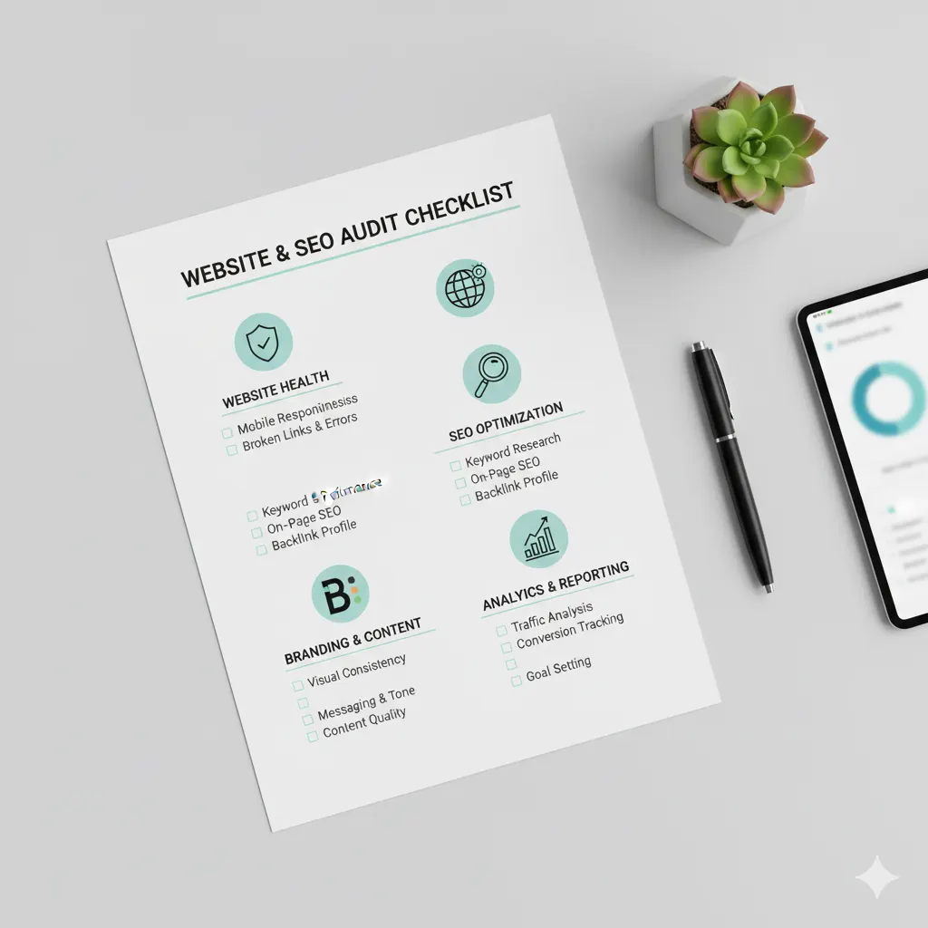 Conceptual image of a website and SEO audit checklist with icons representing website health, SEO, branding consistency, and analytics. Clean flat-lay composition, professional marketing concept, no people, modern business design.